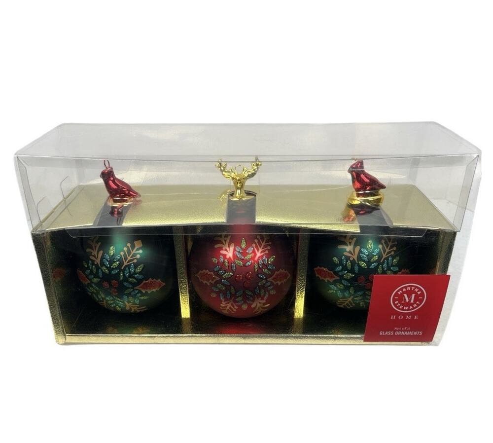 Martha Stewart Glass Christmas Ornaments 3 Red Green Embellish Stag Bird Finial